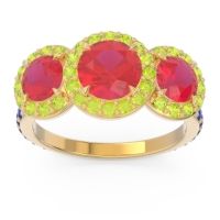 Lab Ruby Ring In 14k Yellow Gold With Peridot And Blue Sapphire Abhra Round Three-stone Ring