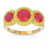 Lab Ruby Ring In 18k Yellow Gold With Peridot And Citrine Abhra Round Three-stone Ring