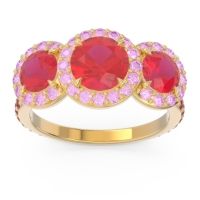 Lab Ruby Ring In 14k Yellow Gold With Pink Tourmaline And Ruby Abhra Round Three-stone Ring