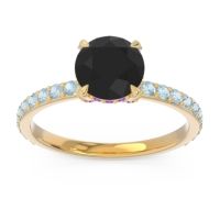 Black Onyx Ring In 14k Yellow Gold With Amethyst And Aquamarine Mayurari Round Classic Ring