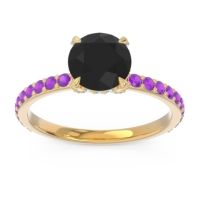 Black Onyx Ring In 14k Yellow Gold With Aquamarine And Amethyst Mayurari Round Classic Ring