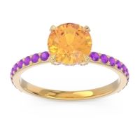 Citrine Ring In 14k Yellow Gold With Pink Tourmaline And Amethyst Mayurari Round Classic Ring