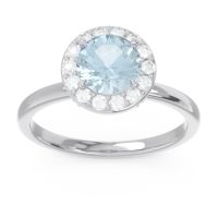 Aquamarine Ring In 14k White Gold With Lab Diamond And Garnet Sthala Round Halo Ring