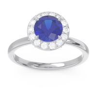 Lab Blue Sapphire Ring In 14k White Gold With Lab Diamond And Ruby Sthala Round Halo Ring