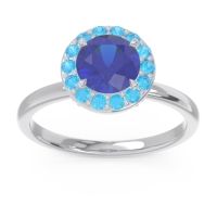 Lab Blue Sapphire Ring In Palladium With Swiss Blue Topaz And Peridot Sthala Round Halo Ring