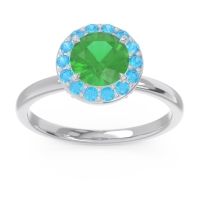 Emerald Engagement Ring In 14k White Gold With Swiss Blue Topaz And Diamond - Sthala Round Halo Ring