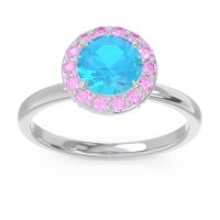 Swiss Blue Topaz Engagement Ring In Palladium With Pink Tourmaline And Diamond - Sthala Round Halo Ring