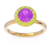 Amethyst Ring In 14k Yellow Gold With Peridot And Black Onyx Sthala Round Halo Ring
