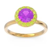 Amethyst Ring In 14k Yellow Gold With Peridot And Swiss Blue Topaz Sthala Round Halo Ring