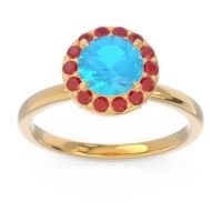 Swiss Blue Topaz Engagement Ring In 18k Yellow Gold With Ruby And Diamond - Sthala Round Halo Ring