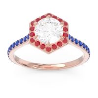 Lab Diamond Ring In 18K Rose Gold With Ruby And Blue Sapphire Zukti Round Halo Ring