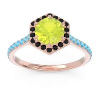 Peridot Ring In 14K Rose Gold With Black Onyx And Swiss Blue Topaz Zukti Round Halo Ring