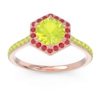 Peridot Ring In 18K Rose Gold With Ruby Zukti Round Halo Ring