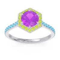 Amethyst Ring In Palladium With Peridot And Swiss Blue Topaz Zukti Round Halo Ring