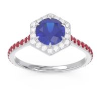 Lab Blue Sapphire Ring In 14k White Gold With Lab Diamond And Ruby Zukti Round Halo Ring