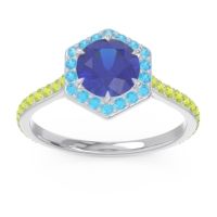 Lab Blue Sapphire Ring In Palladium With Swiss Blue Topaz And Peridot Zukti Round Halo Ring