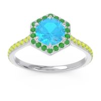 Swiss Blue Topaz Ring In 14k White Gold With Emerald And Peridot Zukti Round Halo Ring