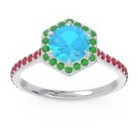 Swiss Blue Topaz Ring In 14k White Gold With Emerald And Ruby Zukti Round Halo Ring