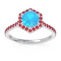Swiss Blue Topaz Ring In 14k White Gold With Ruby Zukti Round Halo Ring