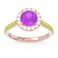 Amethyst Ring In 14K Rose Gold With Diamond And Peridot Kirtana Round Halo Ring