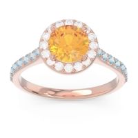 Citrine Ring In 14K Rose Gold With Diamond And Aquamarine Kirtana Round Halo Ring