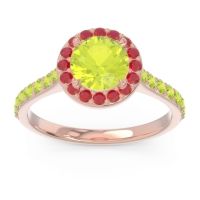 Peridot Ring In 18K Rose Gold With Ruby Kirtana Round Halo Ring