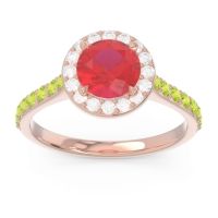 Lab Ruby Ring In 14K Rose Gold With Diamond And Peridot Kirtana Round Halo Ring