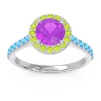 Amethyst Ring In Palladium With Peridot And Swiss Blue Topaz Kirtana Round Halo Ring