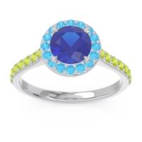 Lab Blue Sapphire Ring In Palladium With Swiss Blue Topaz And Peridot Kirtana Round Halo Ring