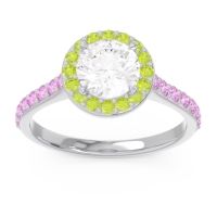 Lab Diamond Ring In 14k White Gold With Peridot And Pink Tourmaline Kirtana Round Halo Ring