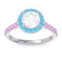 Lab Diamond Ring In 14k White Gold With Swiss Blue Topaz And Pink Tourmaline Kirtana Round Halo Ring