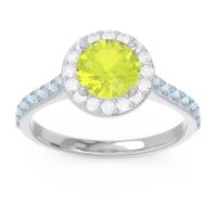 Peridot Ring In Palladium With Diamond And Aquamarine Kirtana Round Halo Ring