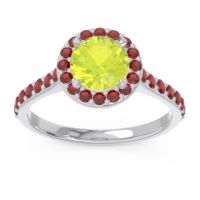 Peridot Ring In Palladium With Garnet Kirtana Round Halo Ring