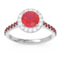 Lab Ruby Ring In Palladium With Diamond And Garnet Kirtana Round Halo Ring