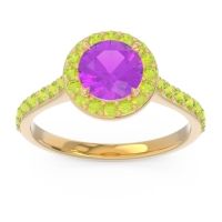 Amethyst Ring In 14k Yellow Gold With Peridot Kirtana Round Halo Ring