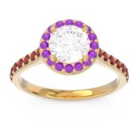 Lab Diamond Ring In 14k Yellow Gold With Amethyst And Garnet Kirtana Round Halo Ring