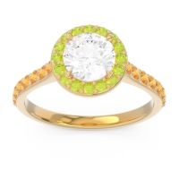 Lab Diamond Ring In 18k Yellow Gold With Peridot And Citrine Kirtana Round Halo Ring