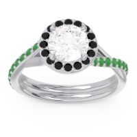 Diamond Ring In Palladium With Black Onyx And Emerald Cakravata Round Modern Ring