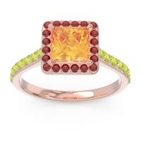 Citrine Ring In 14K Rose Gold With Garnet And Peridot Caturazra Princess Halo Ring