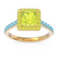 Peridot Ring In 14k Yellow Gold With Swiss Blue Topaz Caturazra Princess Halo Ring
