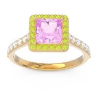 Pink Tourmaline Engagement Ring In 14k Yellow Gold With Peridot And Diamond - Caturazra Princess Halo Ring