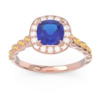 Lab Blue Sapphire Ring In 14K Rose Gold With Diamond And Citrine Vanam Cushion Modern Ring