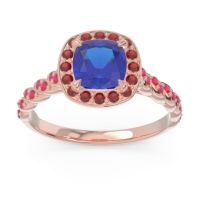 Lab Blue Sapphire Ring In 14K Rose Gold With Garnet And Ruby Vanam Cushion Modern Ring