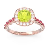 Peridot Ring In 18K Rose Gold With Diamond And Ruby Vanam Cushion Modern Ring