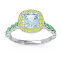 Aquamarine Ring In Palladium With Peridot And Emerald Vanam Cushion Modern Ring