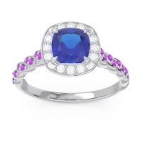 Lab Blue Sapphire Ring In Palladium With Lab Diamond And Amethyst Vanam Cushion Modern Ring