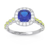 Lab Blue Sapphire Ring In 18k White Gold With Diamond And Peridot Vanam Cushion Modern Ring