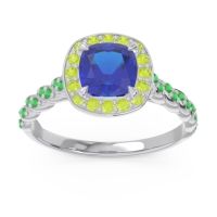 Lab Blue Sapphire Ring In Palladium With Peridot And Emerald Vanam Cushion Modern Ring