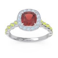 Garnet Ring In Palladium With Aquamarine And Peridot Vanam Cushion Modern Ring