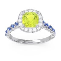 Peridot Ring In Palladium With Diamond And Blue Sapphire Vanam Cushion Modern Ring